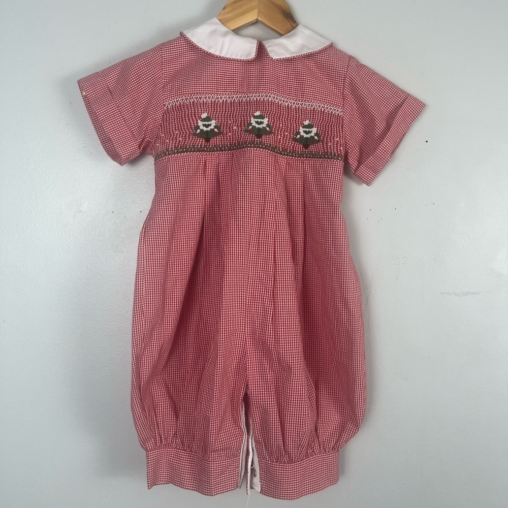Vintage Wish upon a star red gingham Christmas tree smocked romper size 1 uni